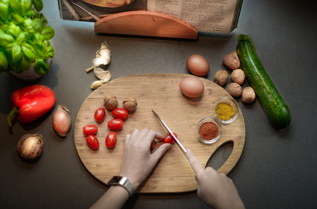 Overhead view of vegetables being prepped