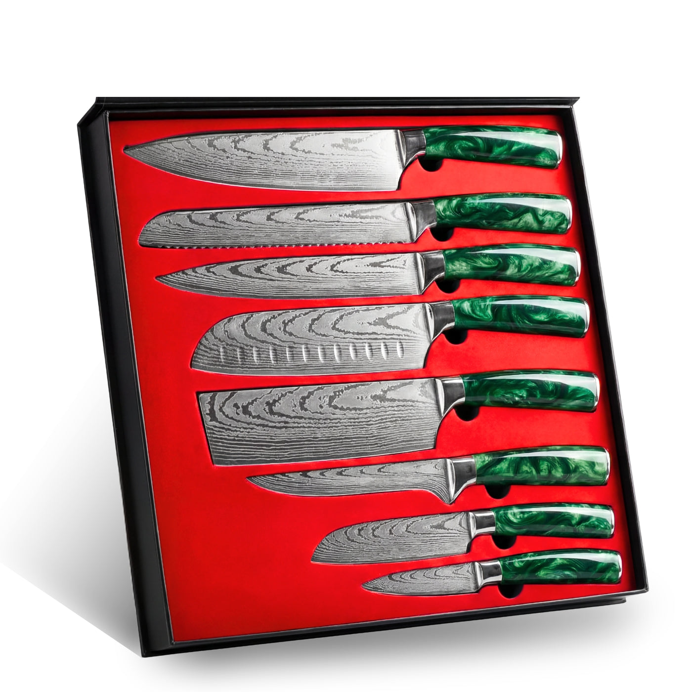 Ironbark Series eight-piece knife set laid out in its lined presentation case